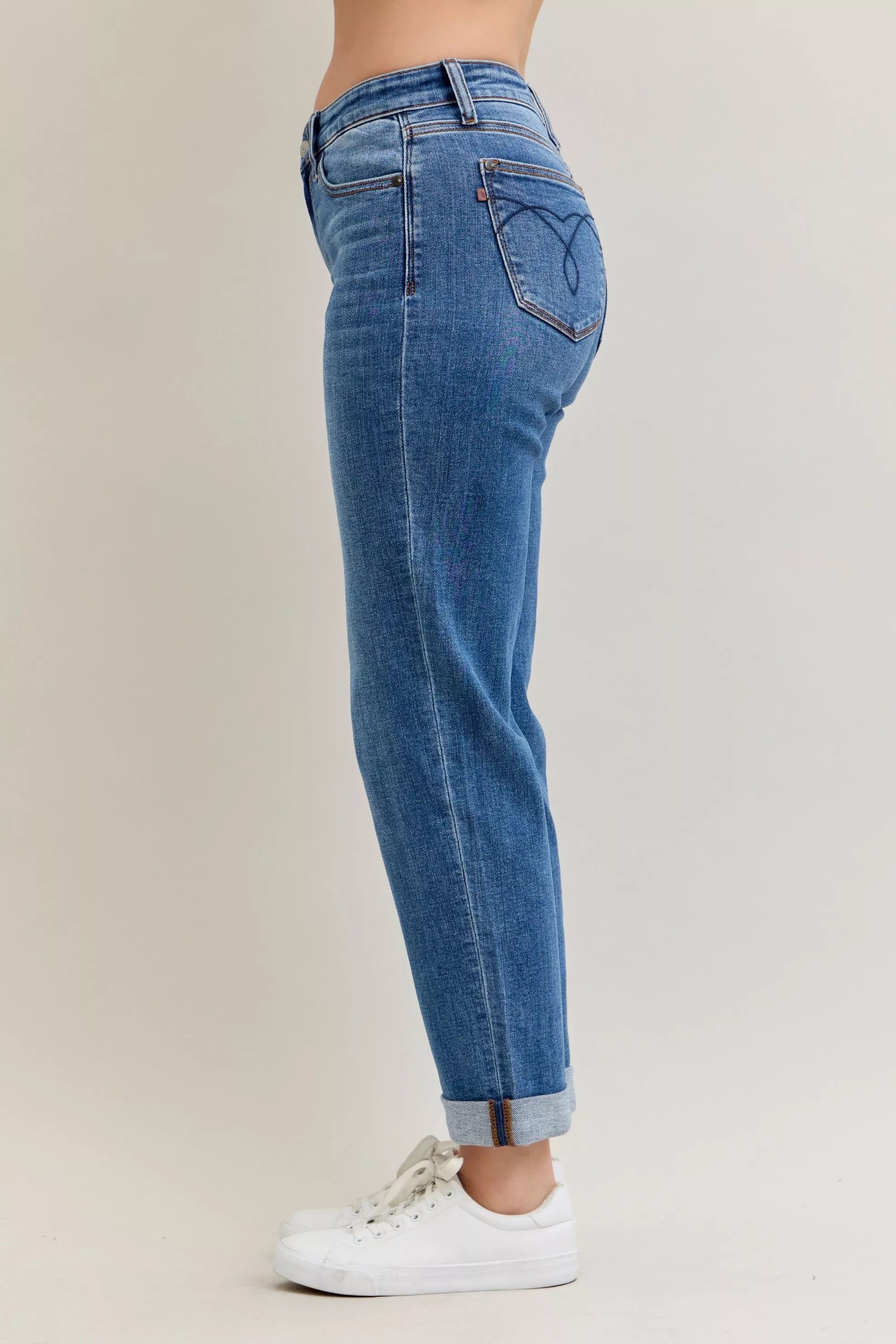 Judy Blue Full Size Mid Rise BF Classic Cuffed Jeans Plus Size OutfitFlow