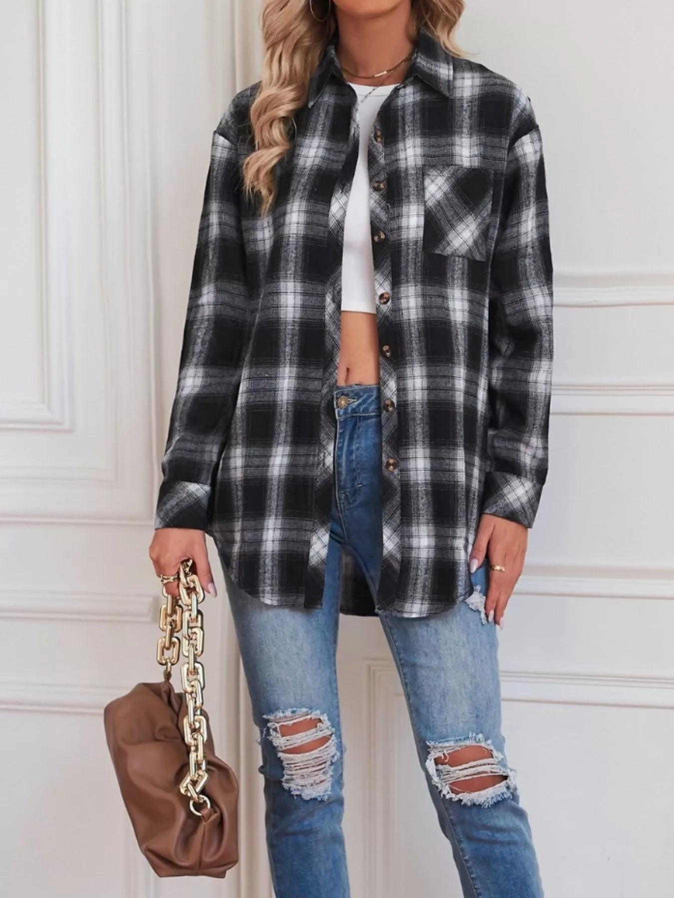 Casual Plaid Button Up Shirt Trendsi