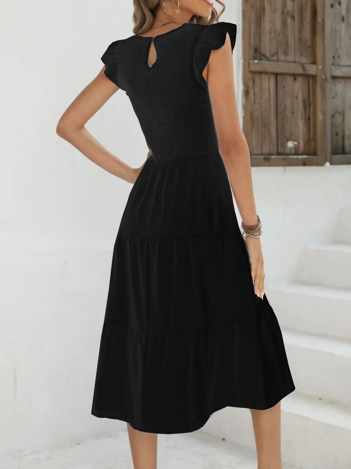 Ruffled Round Neck Cap Sleeve Dress OutfitFlow