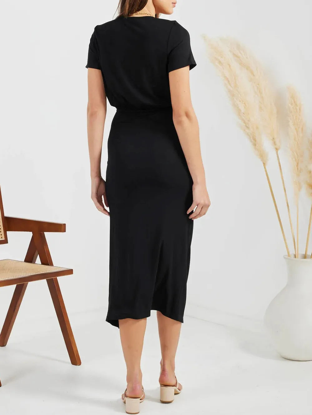 Ruched Slit V-Neck Short Sleeve Dress OutfitFlow