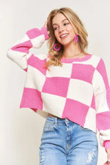 ADORA Plus Size Comfy Checkered Colorblock Sweater Top OutfitFlow
