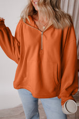 Pocketed Half Zip Dropped Shoulder Hoodie Orange OutfitFlow