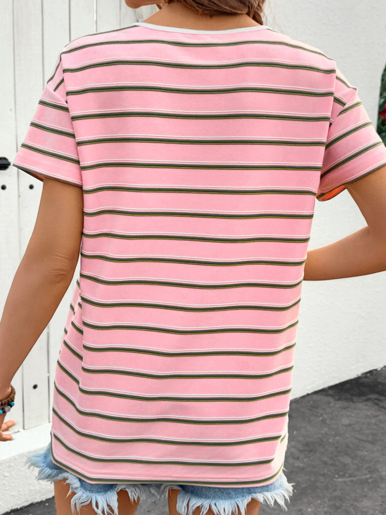 Striped Casual V-Neck T-Shirt OutfitFlow