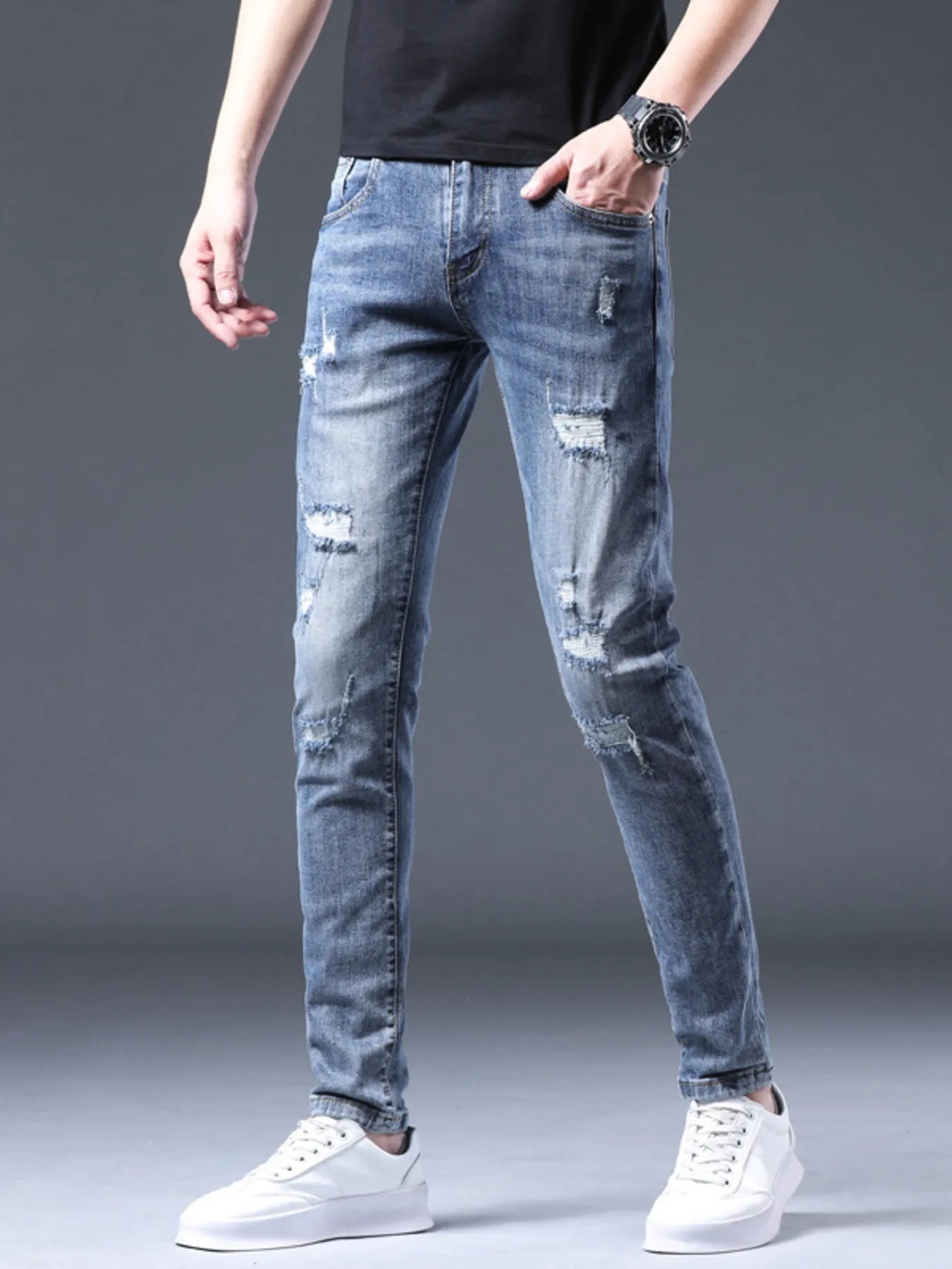 Men's Distressed Slim Fit Ripped Jeans OutfitFlow