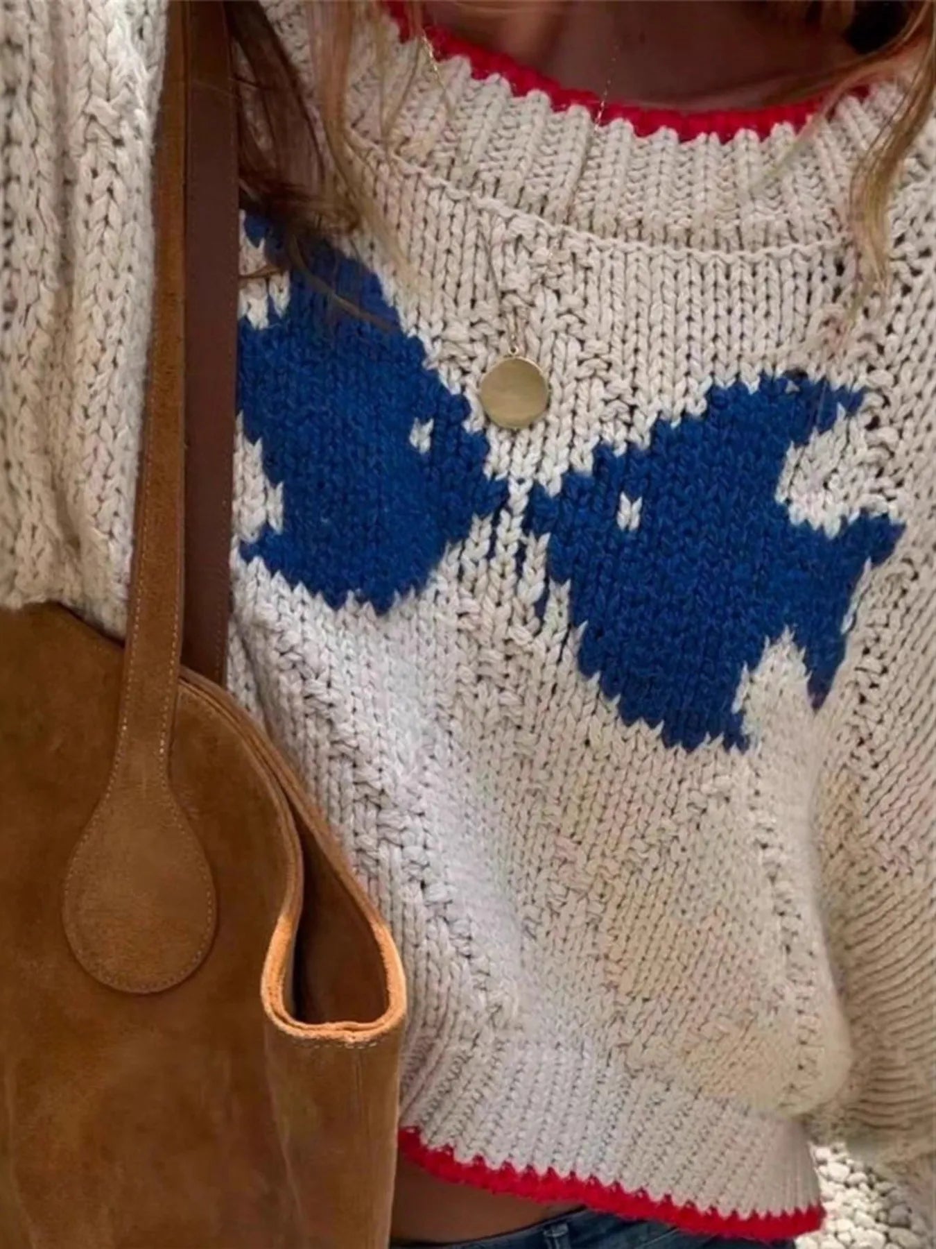 Fish Contrast Trim Round Neck Sweater OutfitFlow