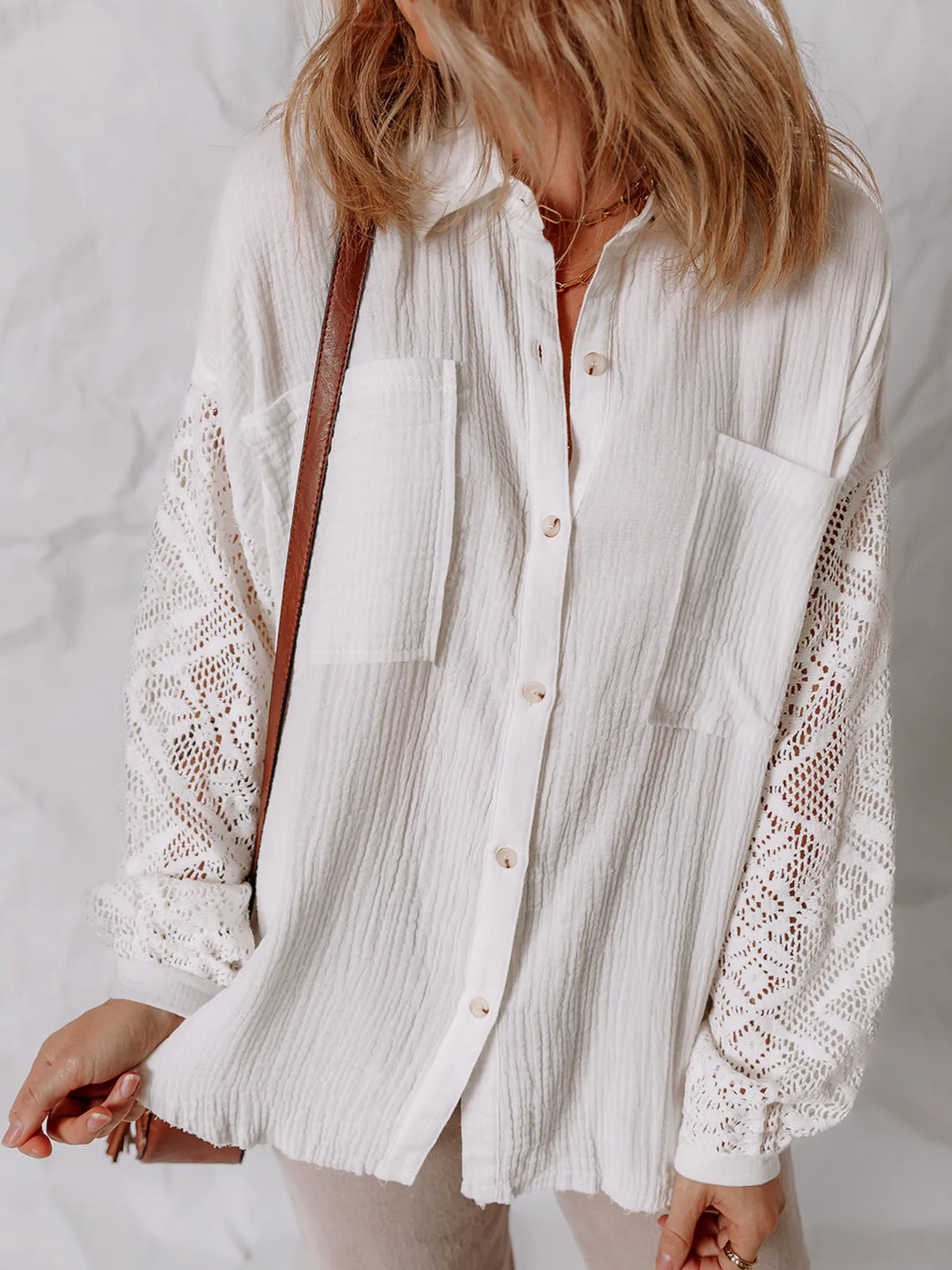 Lace Sleeve Button Down Shirt White OutfitFlow
