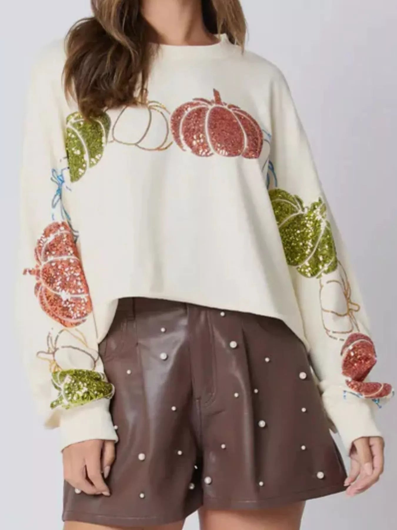 Sequined Pumpkin Halloween Crop Sweatshirt OutfitFlow
