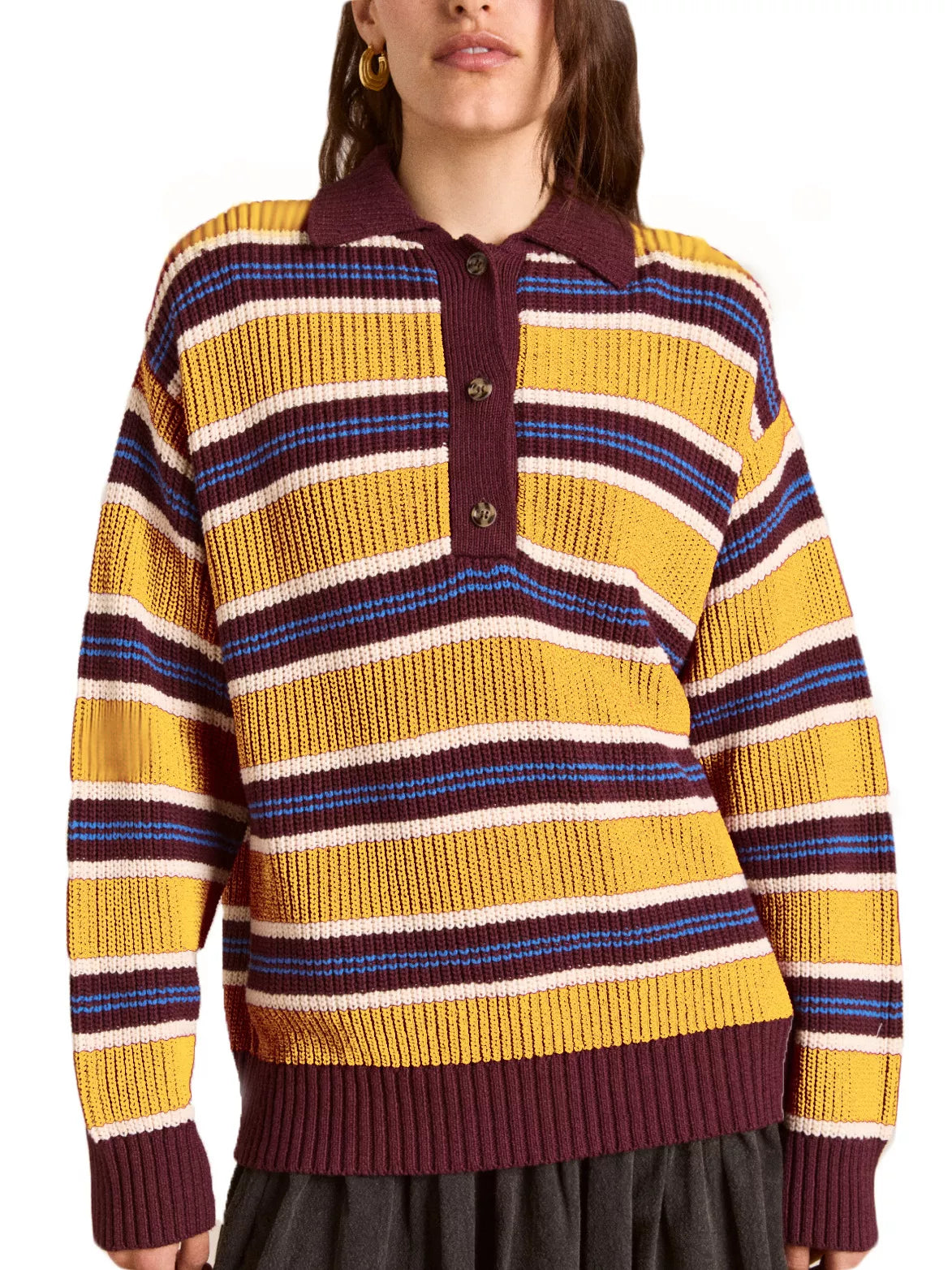 Striped Button Detail Polo Collar Sweater OutfitFlow