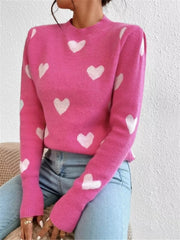 Heart Pattern Round Neck Sweater OutfitFlow