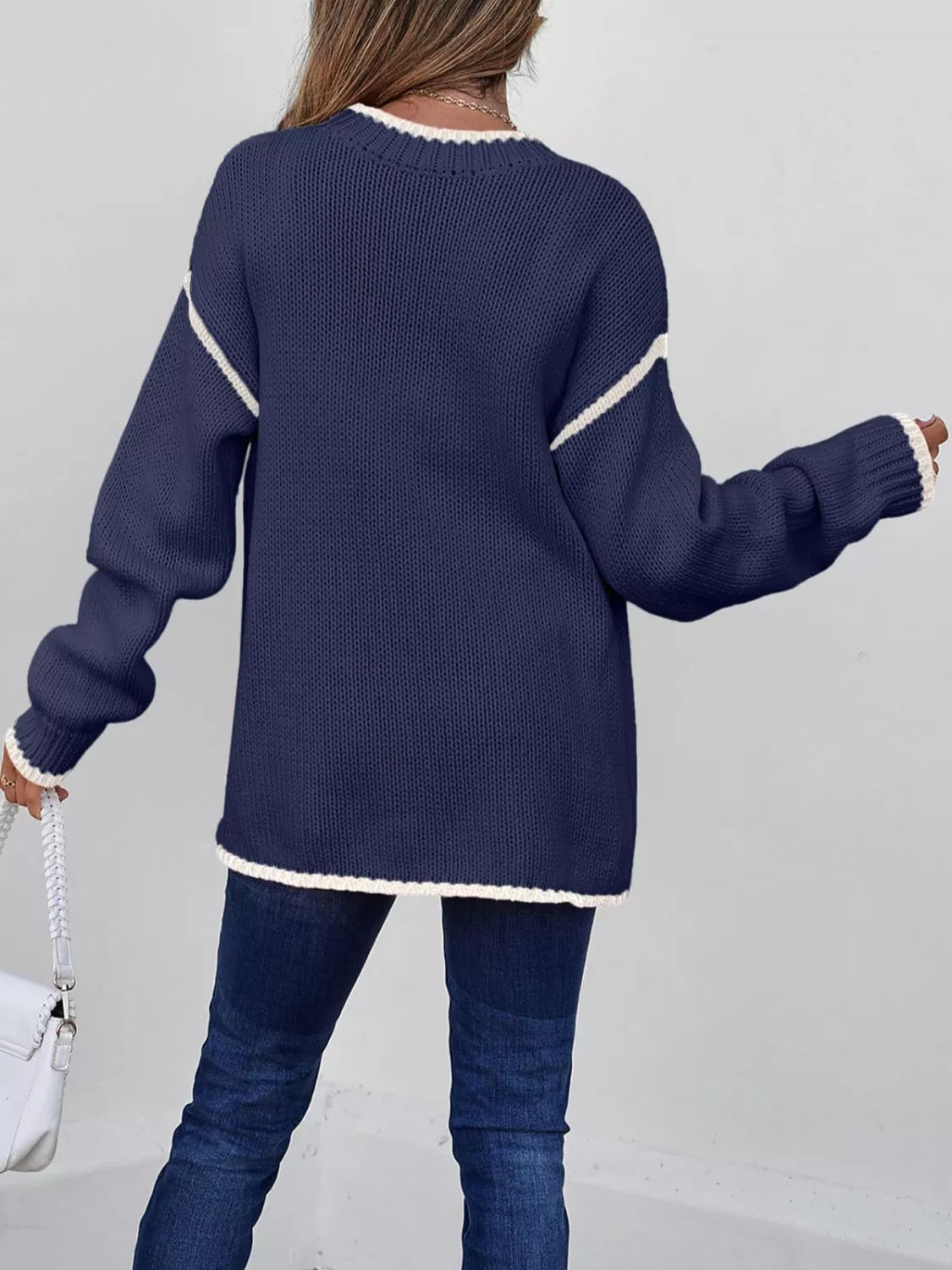 Contrast Trim Round Neck Sweater OutfitFlow