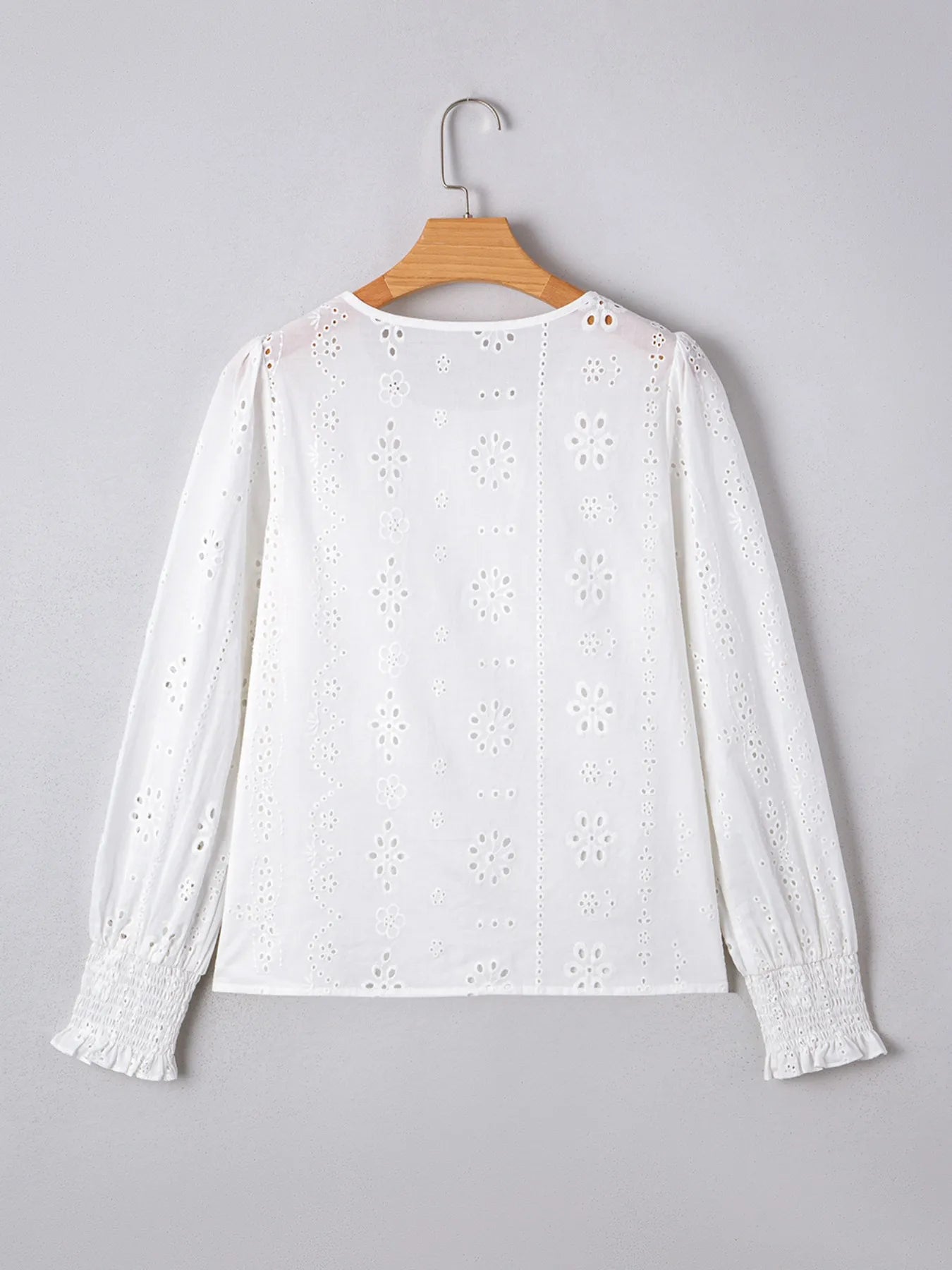 Eyelet Long Sleeve Blouse with Elastic Cuffs OutfitFlow