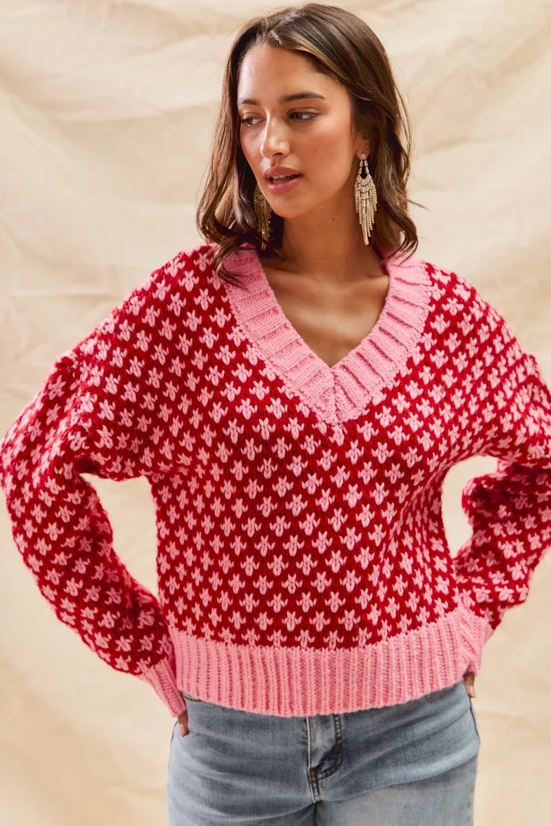 SO ME Color Block Textured Christmas Sweater V Neck Top OutfitFlow
