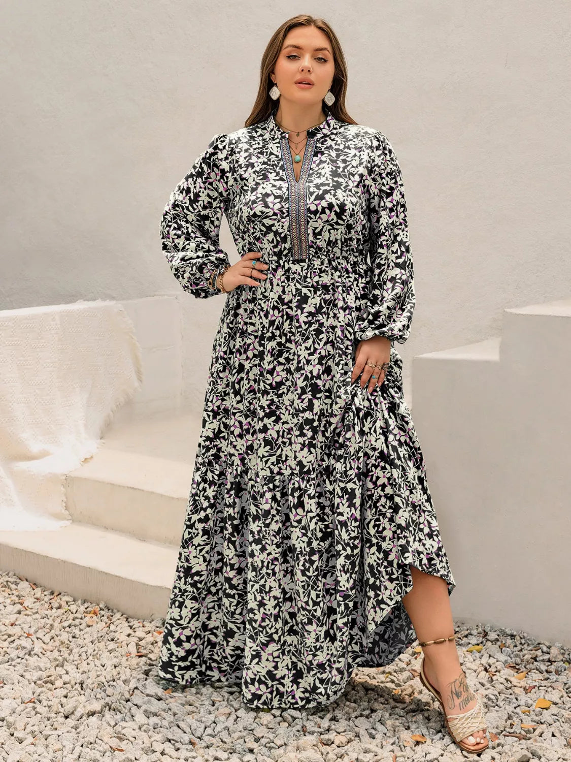 Plus Size Floral Print Long Sleeve Tiered Maxi Dress Trendsi