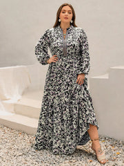 Plus Size Floral Print Long Sleeve Tiered Maxi Dress Trendsi