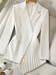 One Button Asymmetric Pleated Hem Blazer White OutfitFlow