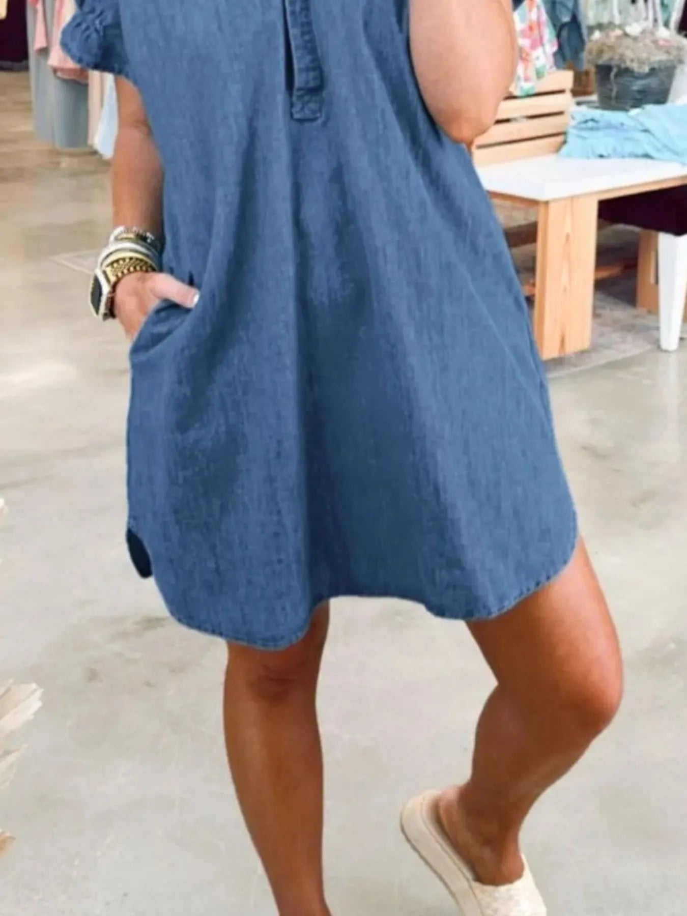 Full Size V-Neck Short Sleeve Denim Dress Plus Size OutfitFlow
