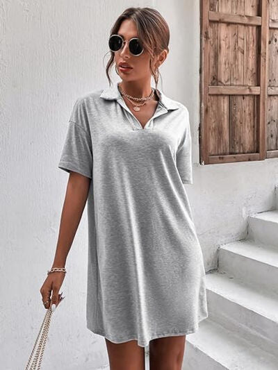 Johnny Collar Short Sleeve Polo Dress Light Gray OutfitFlow