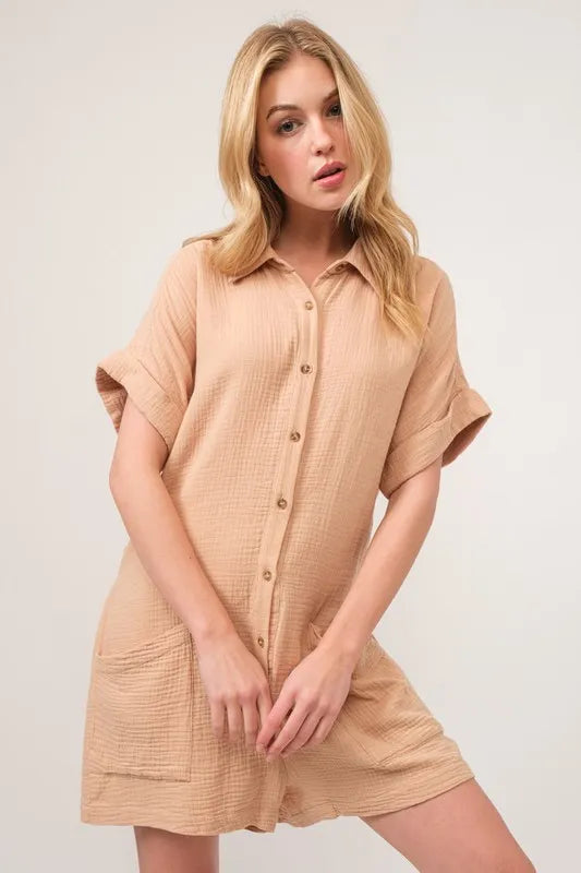 And The Why Washed Gauze Roll-up Sleeve Comfort Utility Romper Beige OutfitFlow