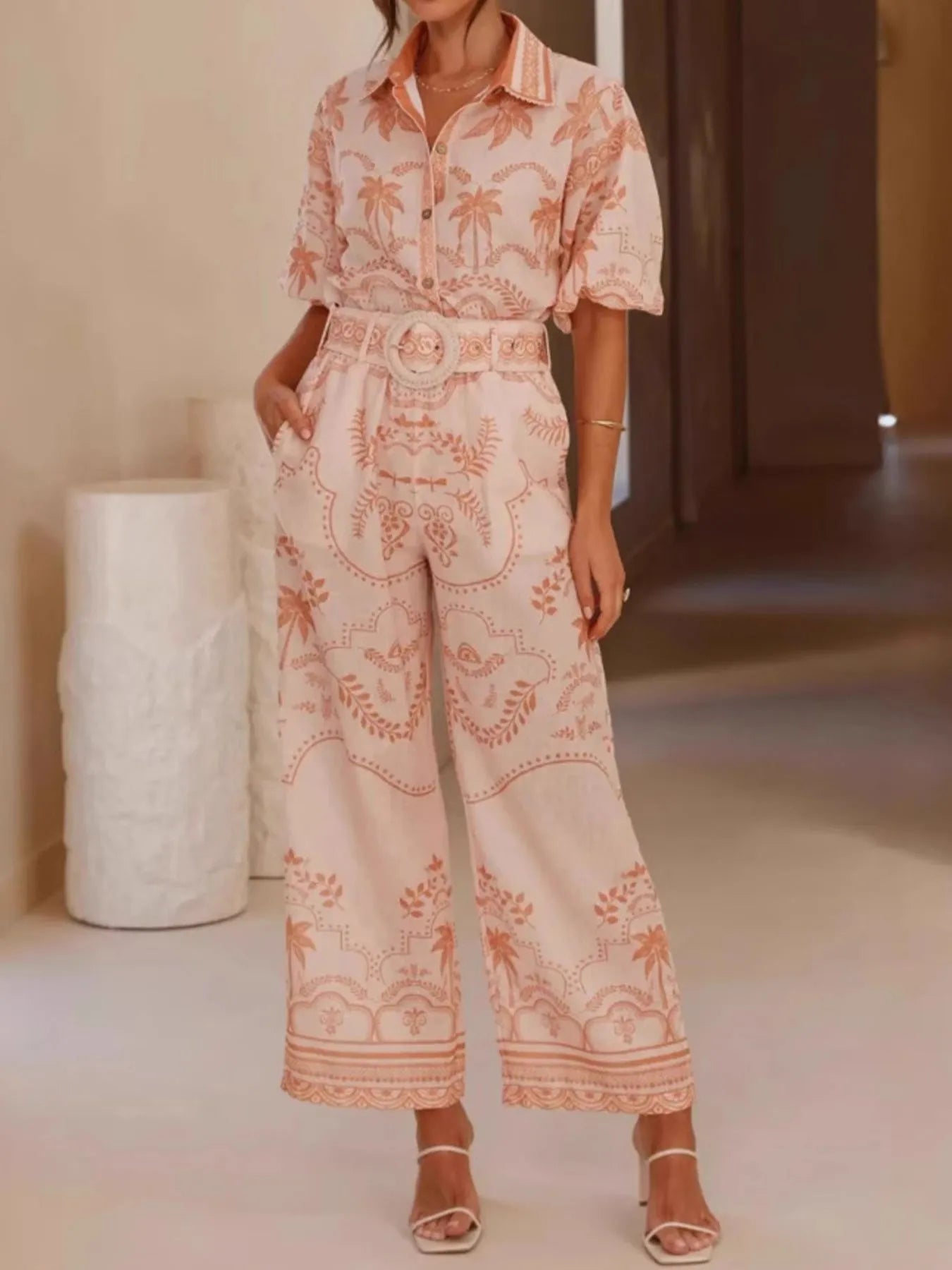 Printed Button Up Shirt and Pants Set Pink OutfitFlow
