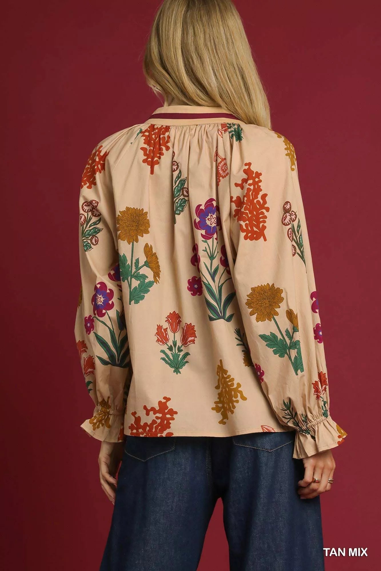 Umgee Floral Print Flounce Sleeve Blouse Trendsi