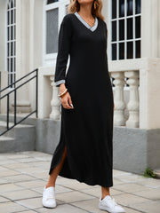 Outfit Flow - Slit V-Neck Long Sleeve Midi Dress