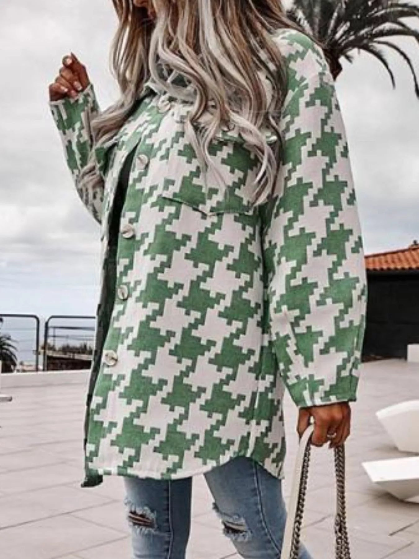 Houndstooth Button Up Long Sleeve Outerwear OutfitFlow