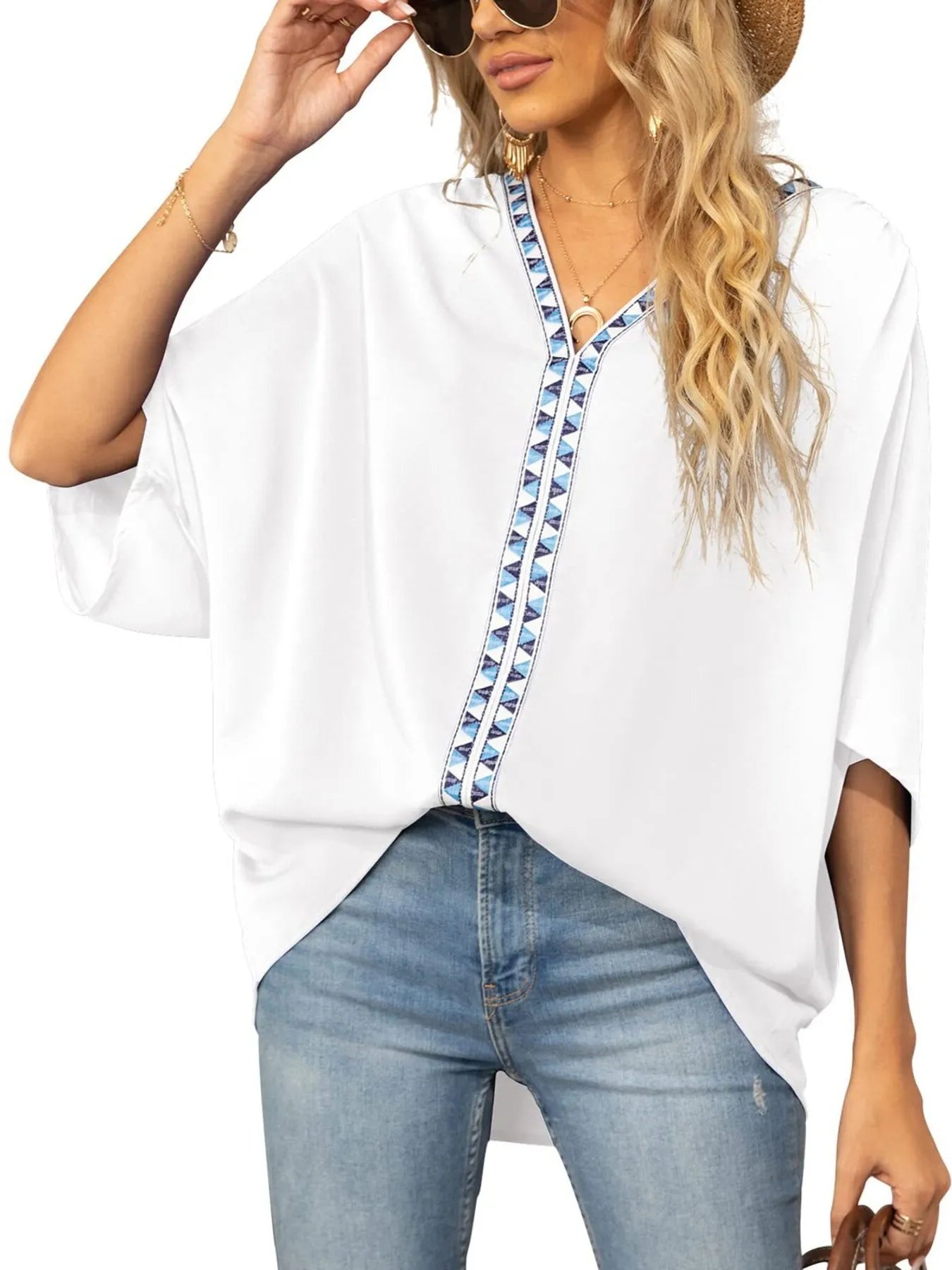 Oversized Contrast V-Neck Half Sleeve Blouse OutfitFlow