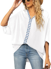 Oversized Contrast V-Neck Half Sleeve Blouse OutfitFlow