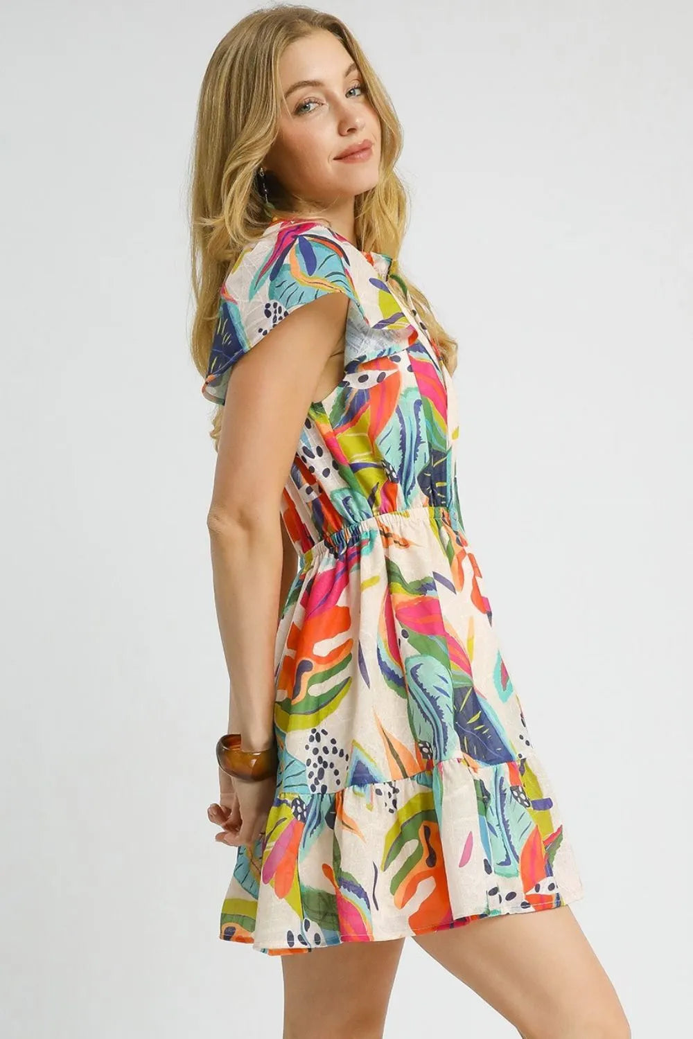 Umgee Printed Tie Neck Ruffled Hem Dress OutfitFlow