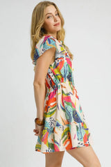 Umgee Printed Tie Neck Ruffled Hem Dress OutfitFlow