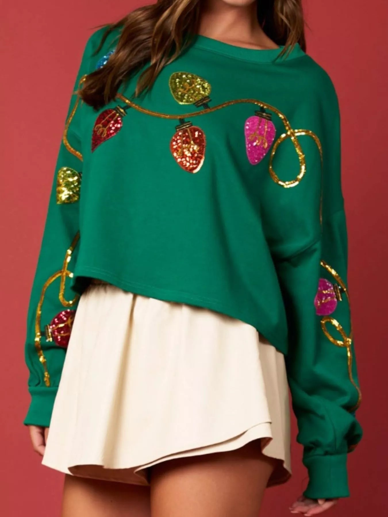 Christmas Holiday Lights Sequin Embellished Sweatshirt OutfitFlow