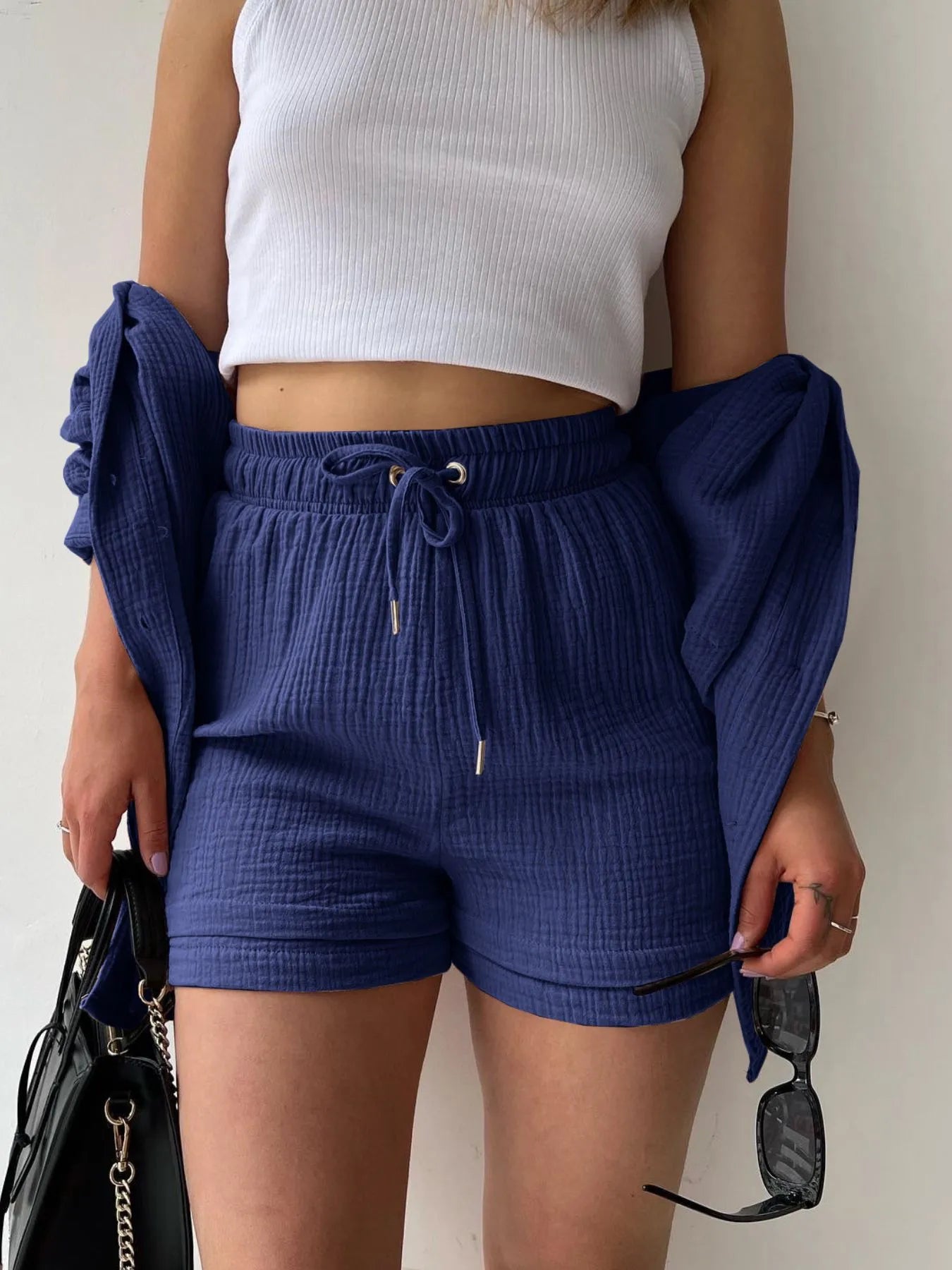Textured Button Up Shirt and Shorts Set OutfitFlow
