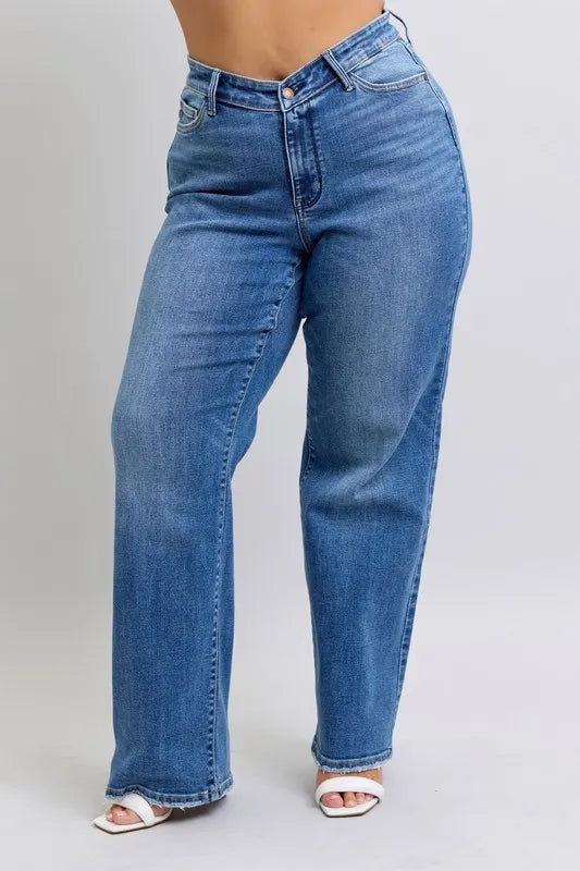 Judy Blue Full Size High Waist V-Front Vintage Wash Straight Jeans Plus Size OutfitFlow