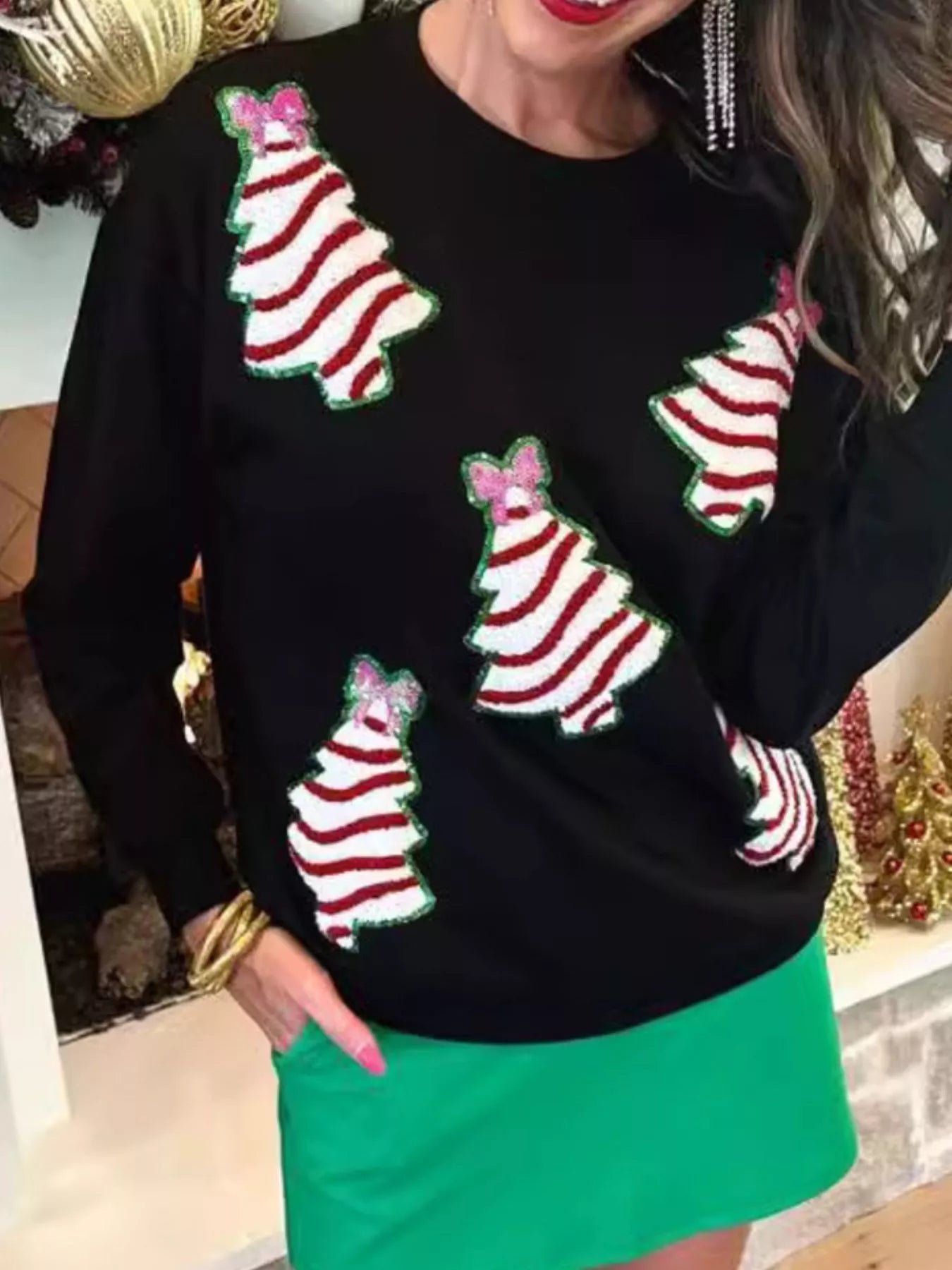 Christmas Tree Sequin Long Sleeve Sweatshirt OutfitFlow