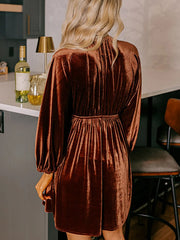 V Neck Puff Sleeve Velvet Dress OutfitFlow