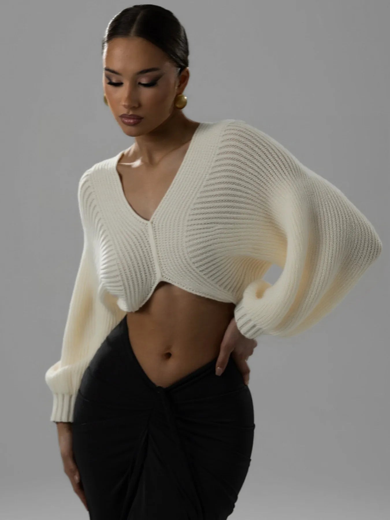 V-Neck Long Sleeve Crop Sweater OutfitFlow