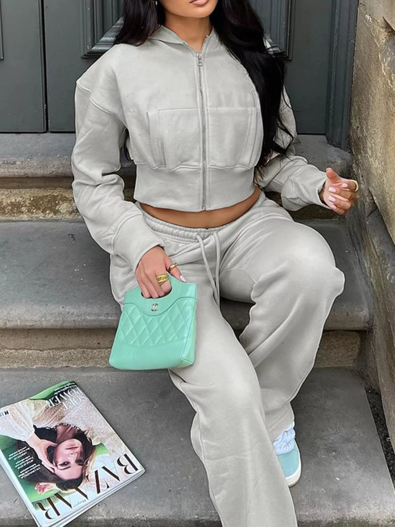 Casual Cropped Hoodie and Sweatpants Set OutfitFlow