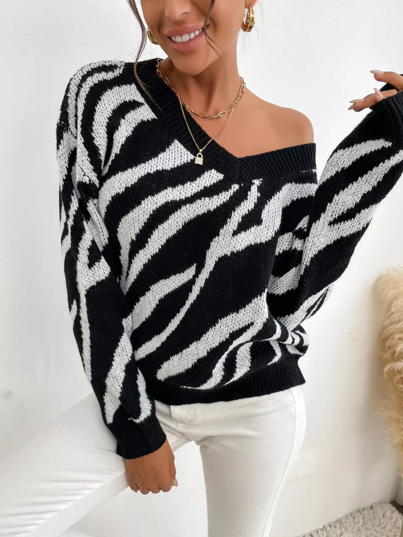 Zebra Print Relaxed Fit Pullover Sweater OutfitFlow