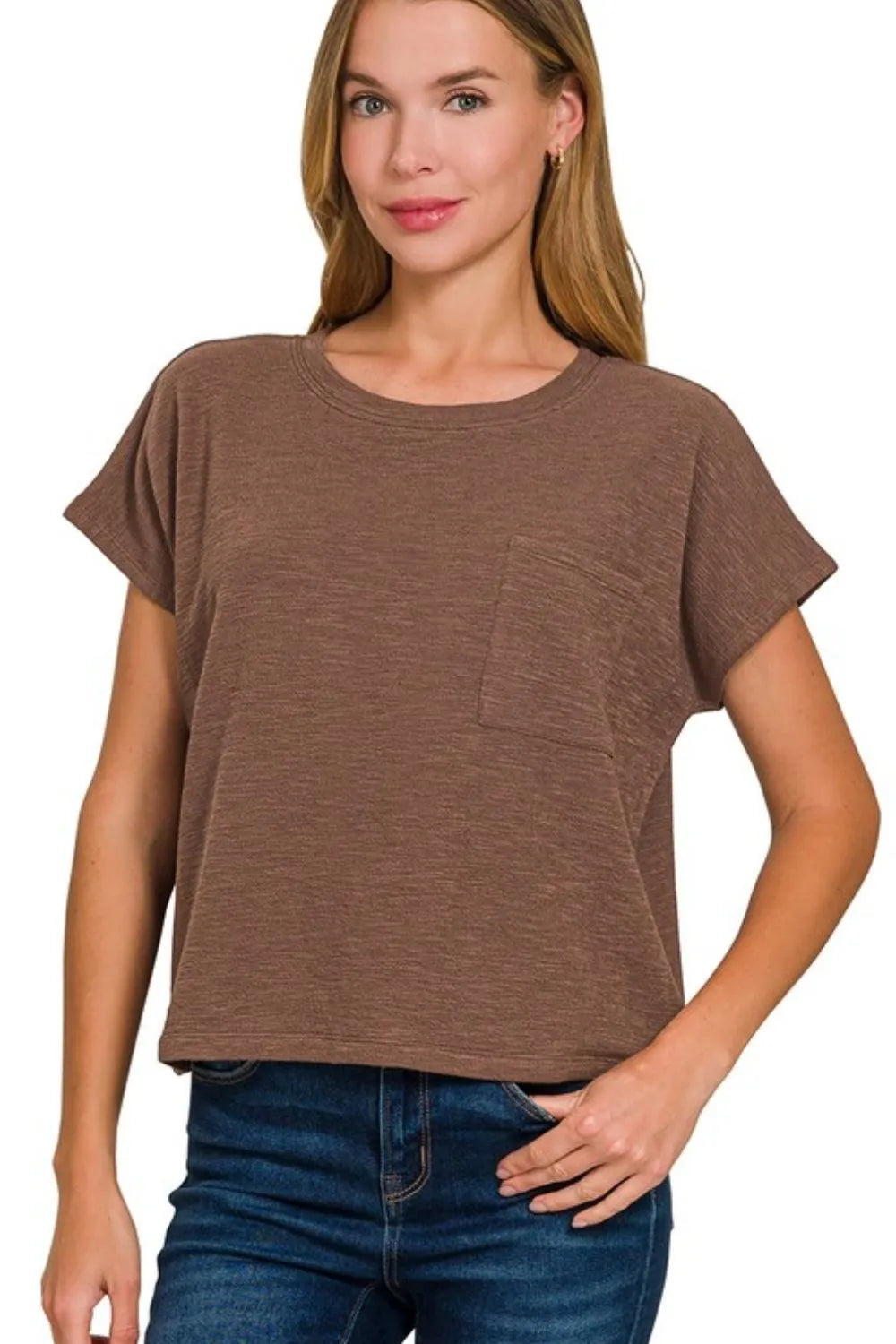 Zenana Round Neck Short Sleeve T-Shirt BROWN OutfitFlow