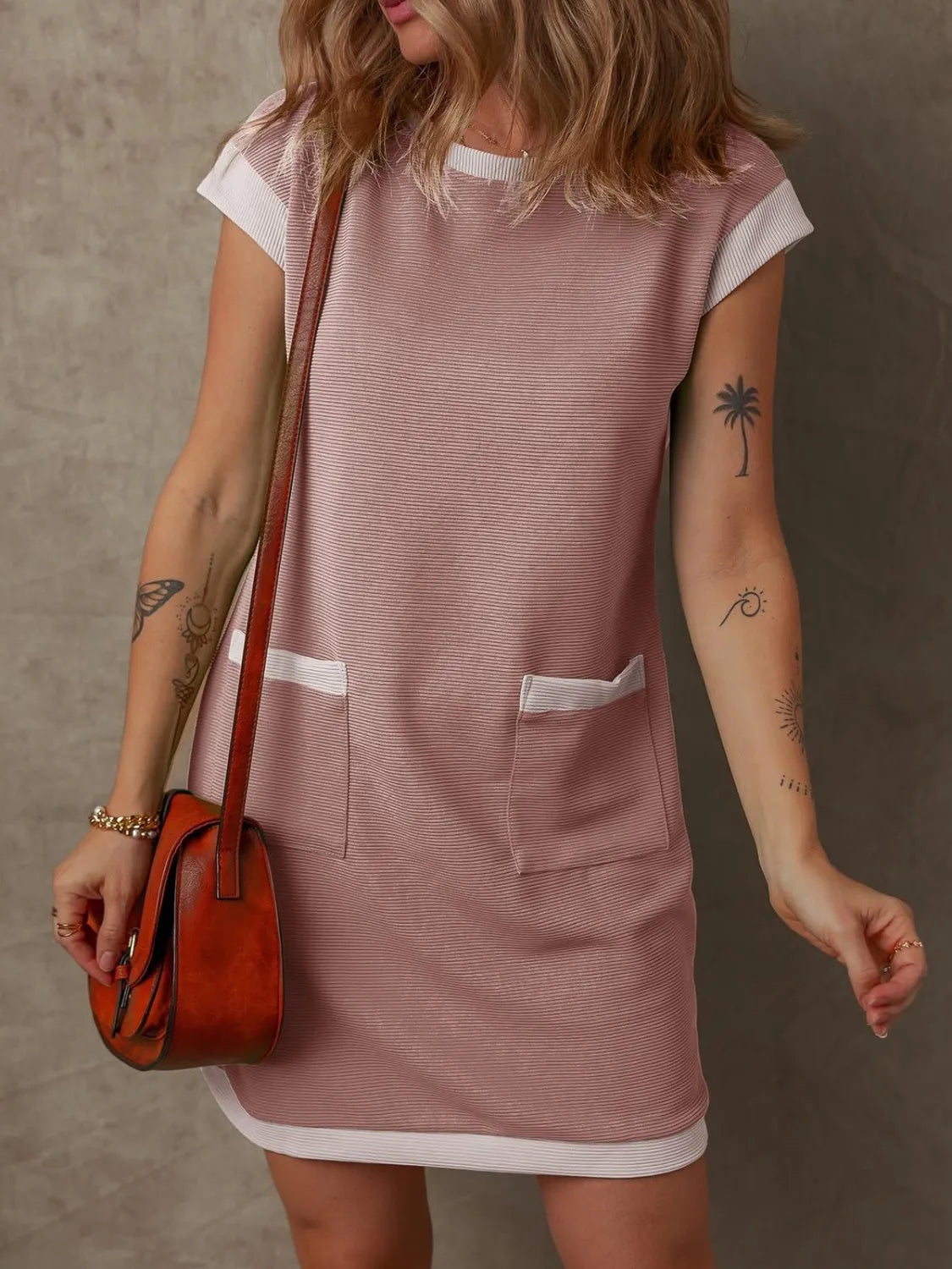Round Neck Cap Sleeve Mini Dress Dusty Pink OutfitFlow