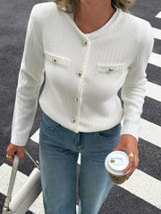 Button-Front Ribbed Long Sleeve Cardigan OutfitFlow
