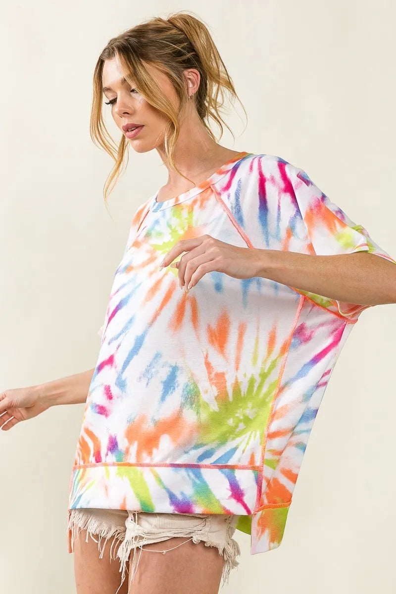 BiBi Tie Dye Print Jersey Stitched Uneven Hem Top OutfitFlow