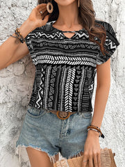 Geometric Print Short Sleeve Blouse Black OutfitFlow