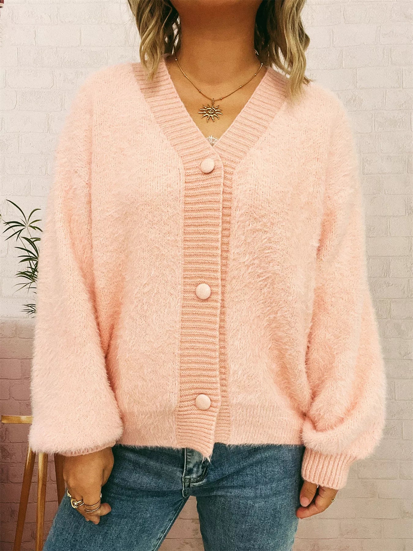 Fuzzy Button-Up Long Sleeve Cardigan OutfitFlow