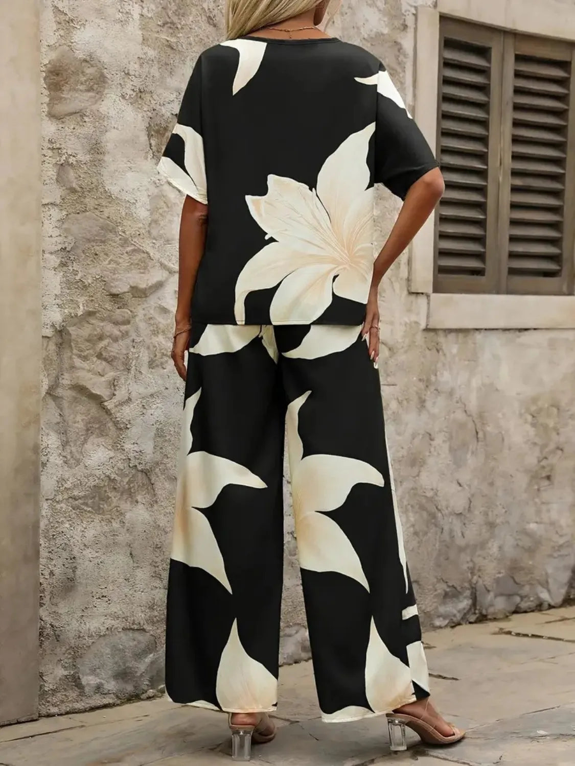 Printed V-Neck Top and Wide Leg Pants Set OutfitFlow