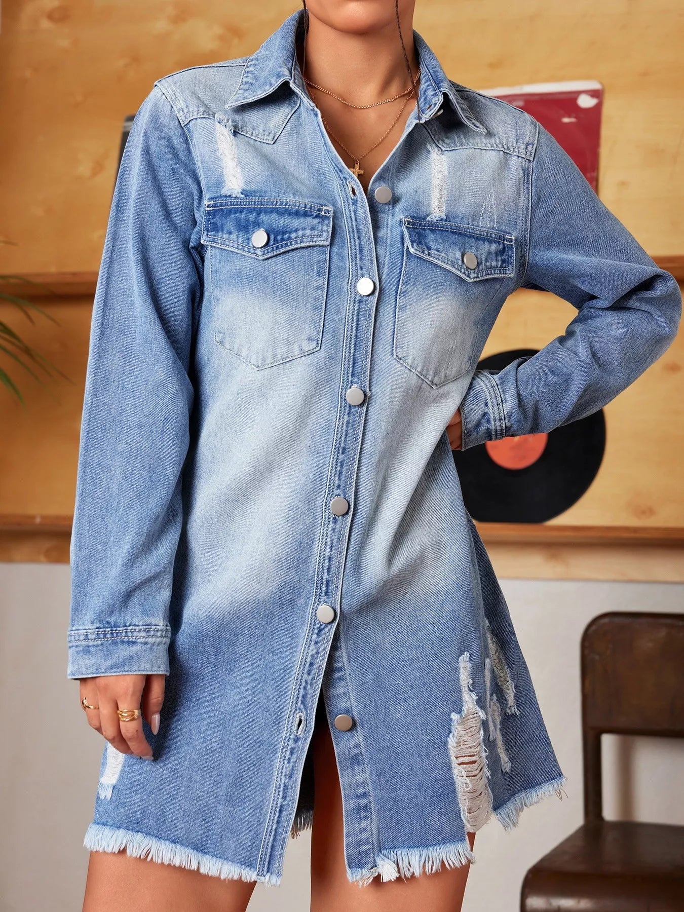 Distressed Raw Hem Denim Mini Dress Trendsi