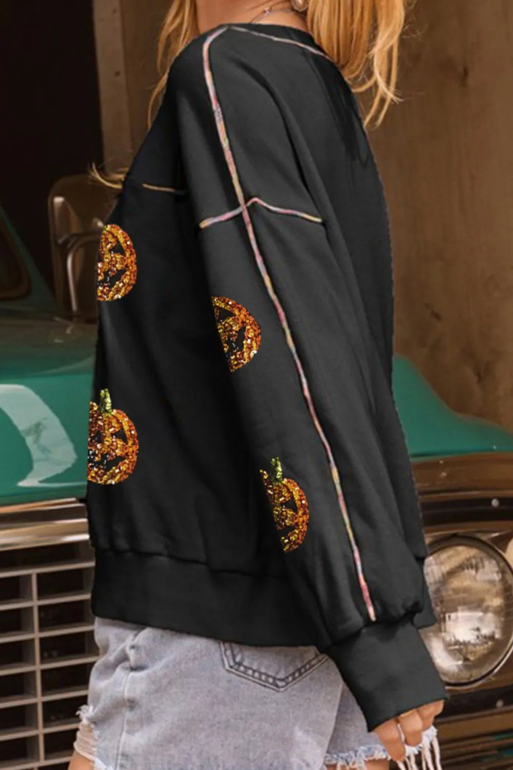 Sequin Pumpkin Round Neck Long Sleeve Sweatshirt OutfitFlow