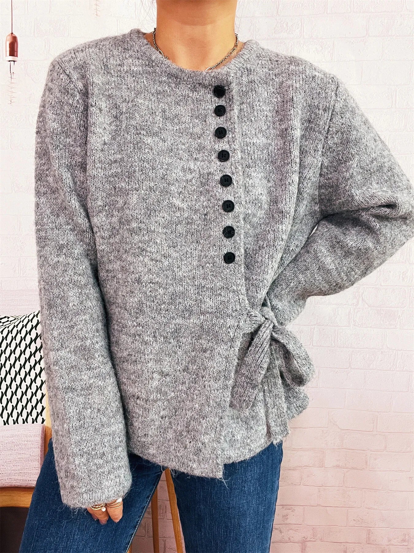Button-Front Side-Tie Sweater OutfitFlow