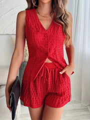 Button-Front Vest and Shorts Set OutfitFlow