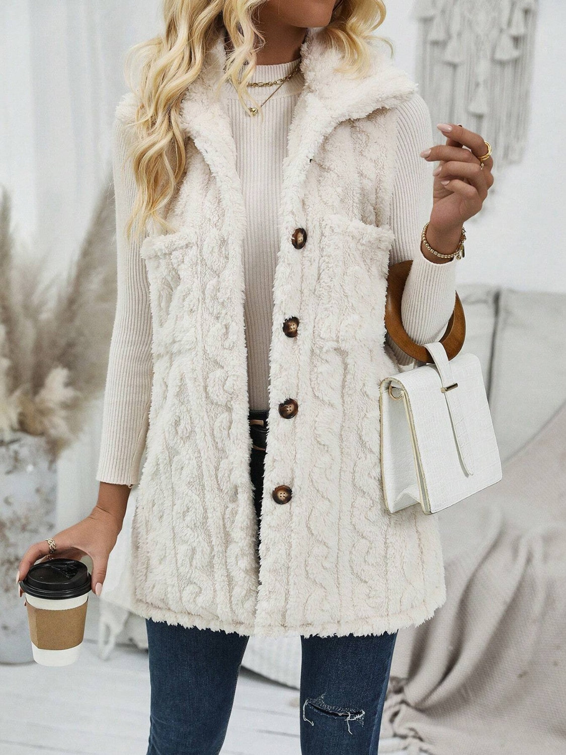 Outfit Flow - Fuzzy Button Up Vest Coat